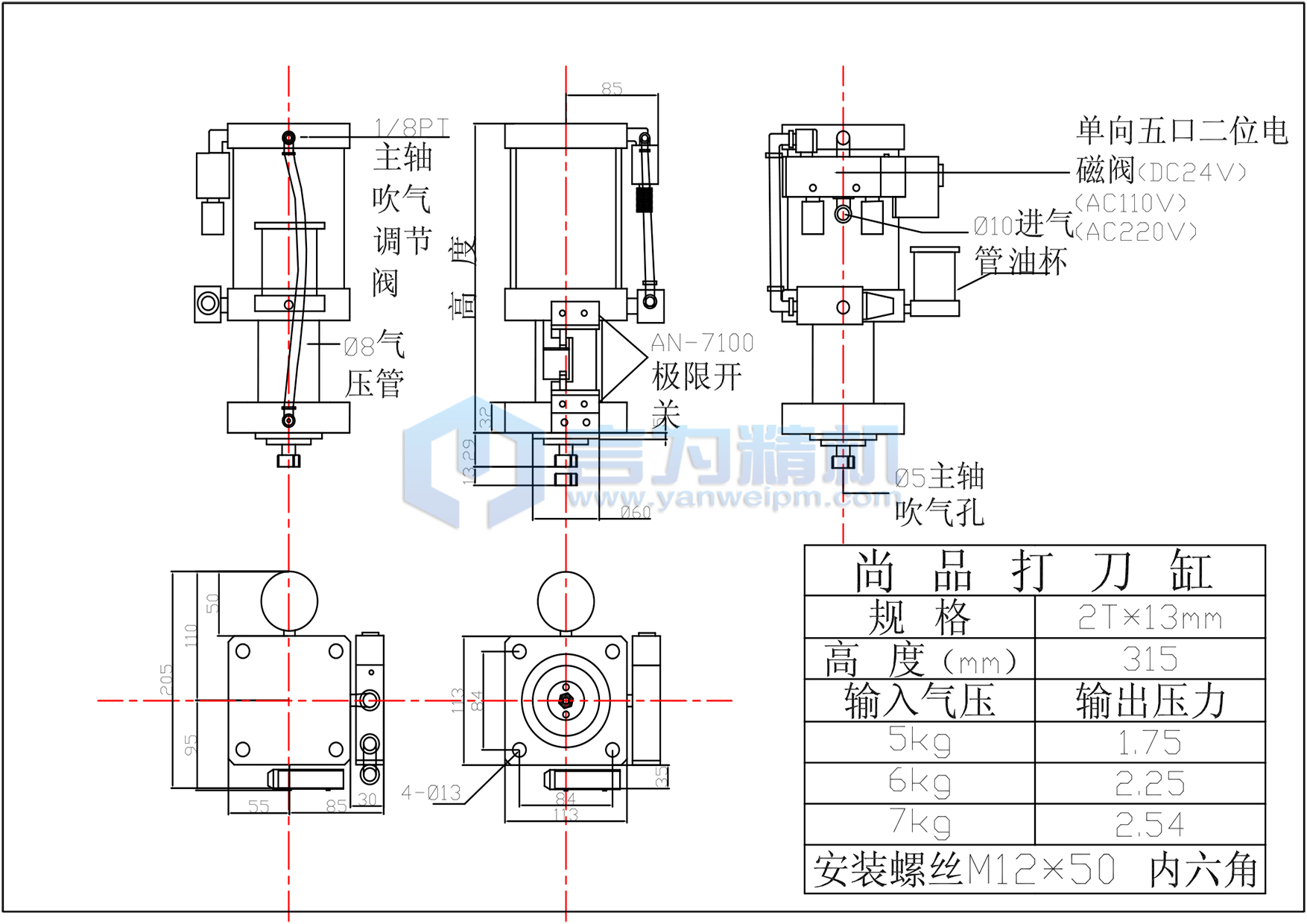 1. 尚品打刀缸产品规格 1.1. 尚品打刀缸2.0T-13MM,打刀出力2000kg,打刀行程13mm,适用于BT30主轴。 2. 尚品打刀缸产品特点 2.1. 油压缸身,经硬膜处理,耐磨、散热快。 2.2. 低能源、低成本、安装容易。 2.3. 运用较低气压转为高油压力达到与油压相对能量。 2.4. 密封组件选用进口密封圈,保证长期稳定的良好密封。 2.